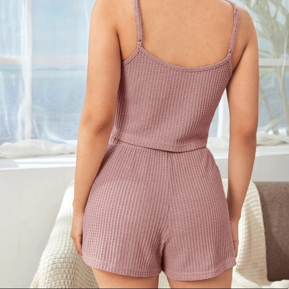 Waffle Knit 2 Piece Pink Loungewear Shorts Set - Picture 2 of 5